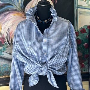 Jos. A. Bank Blue and White Checked Tie-Front Blouse